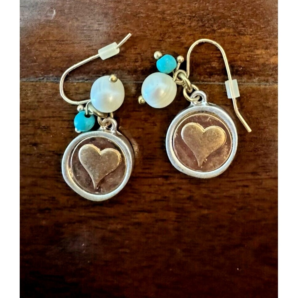 Gold & Silver Tone‎ Heart Earrings with Pearl Like Accent Women Pierced Ears